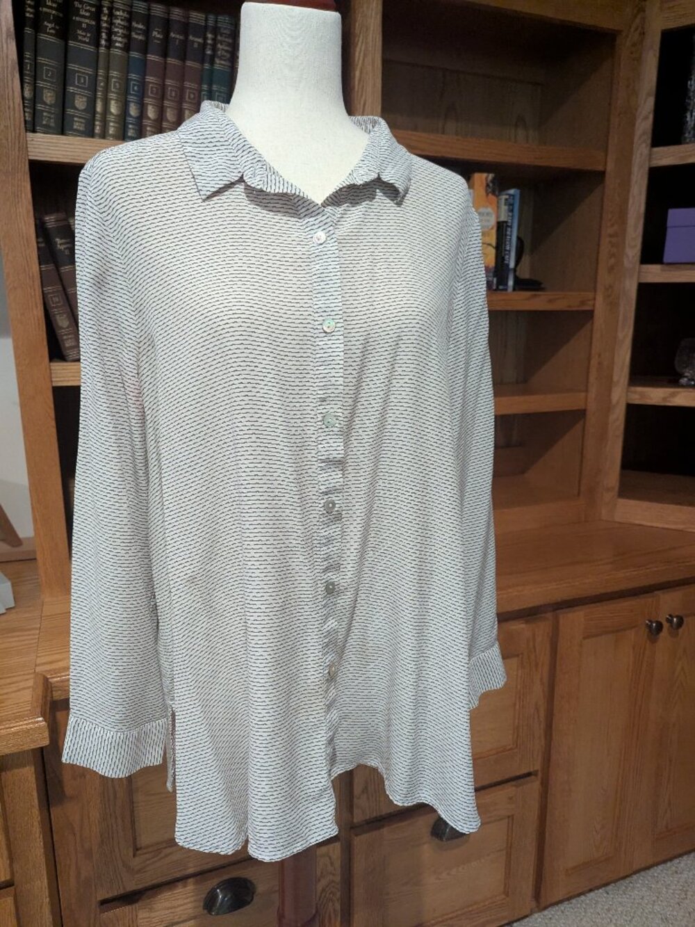 Eileen Fisher 100% Silk Striped Button Front Blouse (XL)
